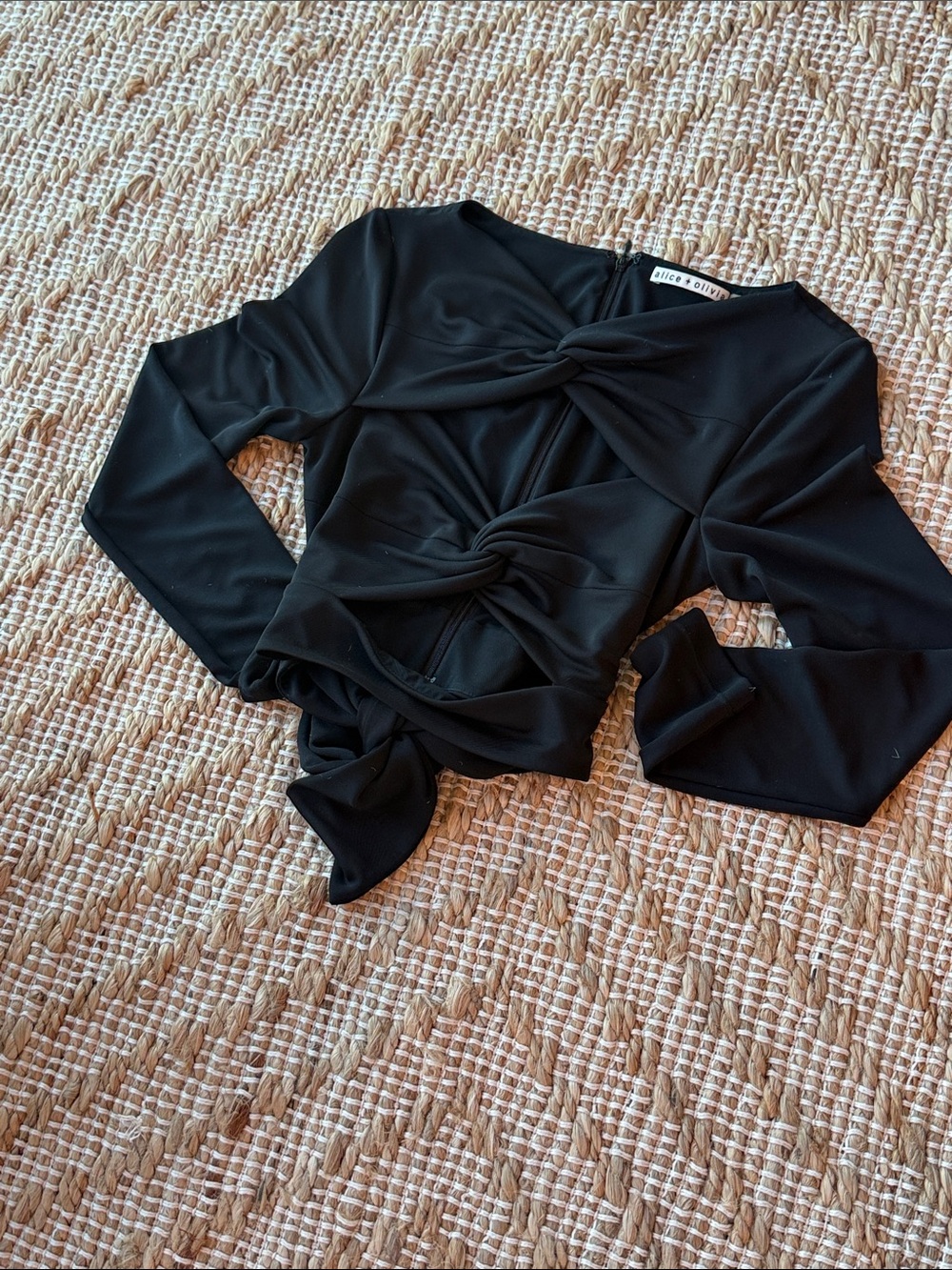 Alice + Olivia Black Twist-Knot Long Sleeve Crop Top